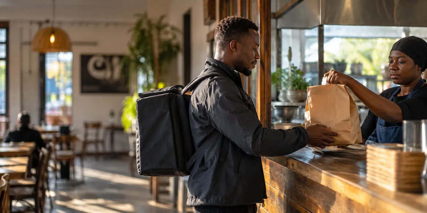 A delivery agent collecting a food order from a local restaurant