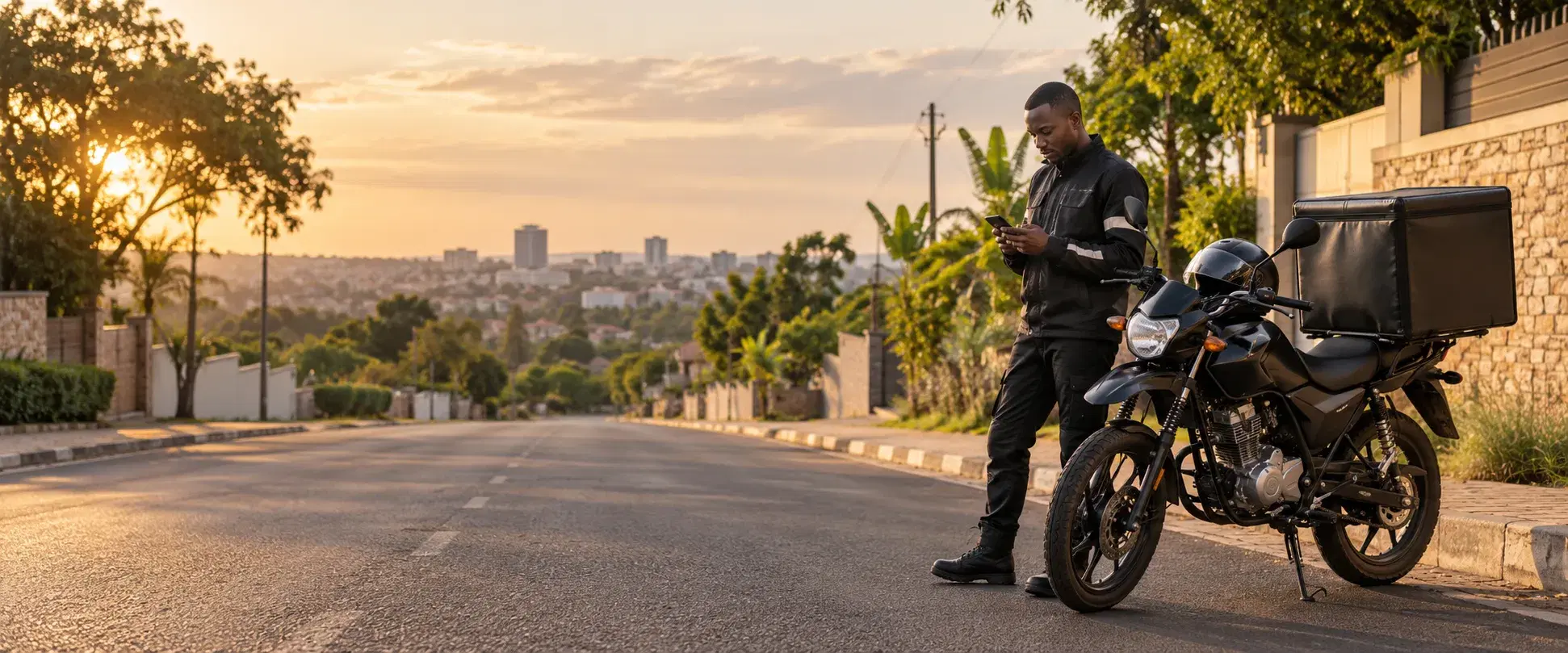 A delivery agent preparing for a shift beside his motorcycle in Lusaka